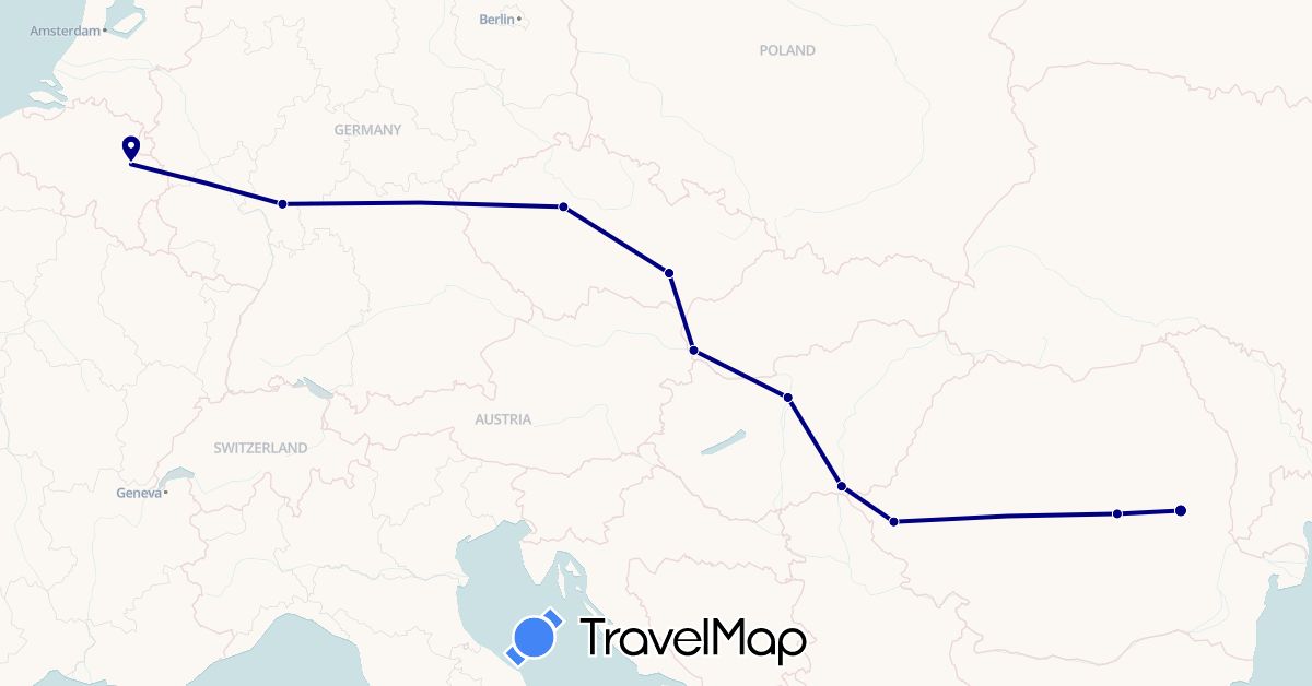 TravelMap itinerary: driving in Belgium, Czech Republic, Germany, Hungary, Romania, Slovakia (Europe)